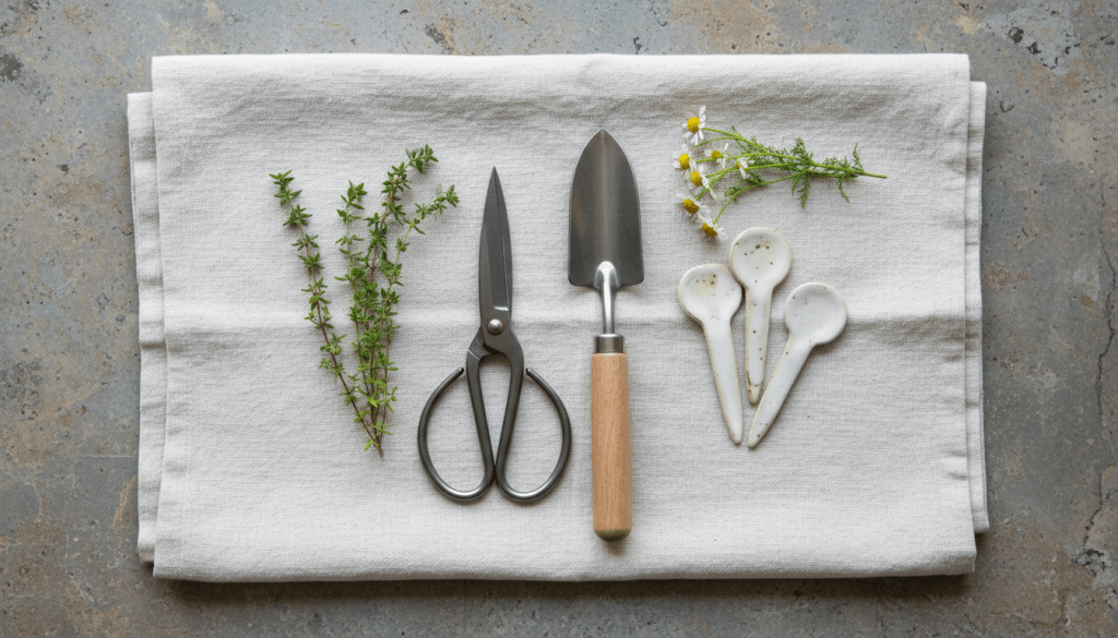 A beautifully organized set of herbal gardening tools—muted steel scissors, a slender hand trowel with unfinished wooden handles, and small ceramic plant stakes—arranged beside fresh-cut sprigs of thyme and chamomile on a creamy linen cloth. The composition sits on a rustic stone tabletop with subtle veins and gentle imperfections. Natural overcast light from above creates soft, even illumination, enhancing the tactile contrasts and subtle color palette. Captured from a top-down angle with balanced, minimalist framing, this image conveys a serene, contemplative mood, capturing the harmonious elegance of working with nature in an artisanal way.